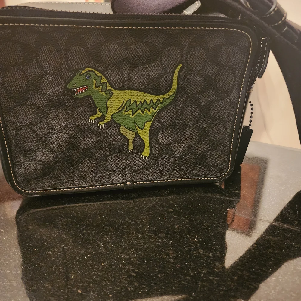 Coach Black Signature Canvas Messenger with Green Dino Patch